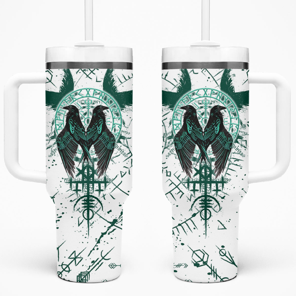 Winged Wisdom Of Viking Tumbler With Handle Hugin, Munin, and the Vegvisir