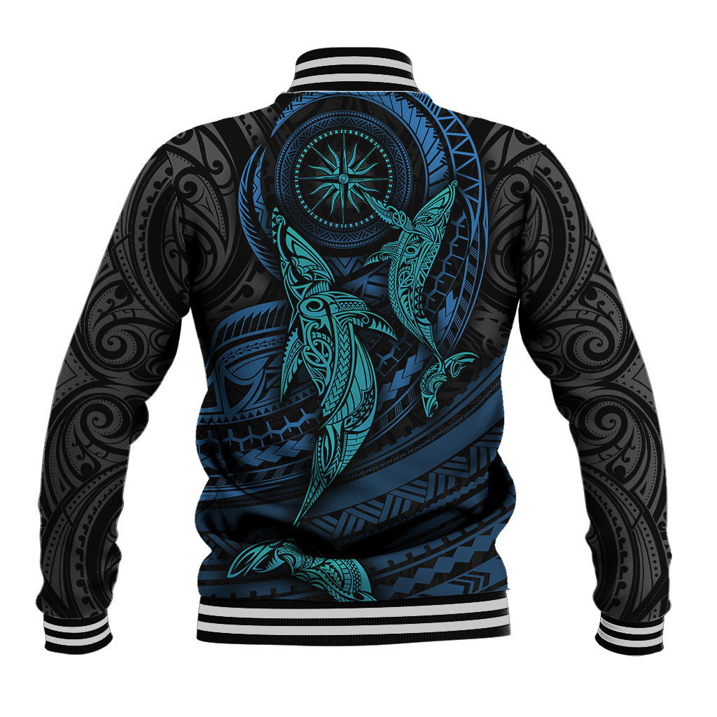 Unisex black baseball jacket with cyan whale and tribal pattern, ribbed striped cuffs