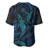 Black baseball jersey with teal and blue whale Polynesian print, short sleeves