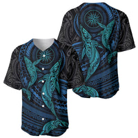 Black baseball jersey with teal and blue whale Polynesian print, front and angled back view