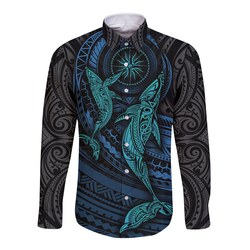 Unisex black long-sleeve button shirt with cyan whale and tribal mandala print