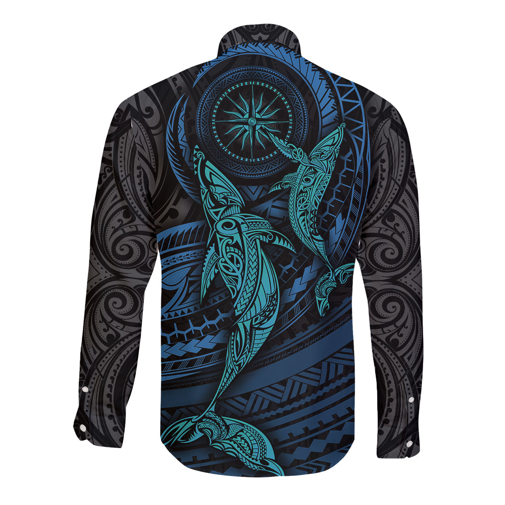 Unisex black long-sleeve button shirt with cyan whale portrait and geometric print