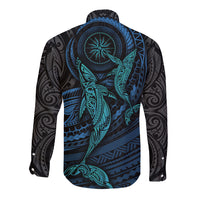 Unisex black long-sleeve button shirt with cyan whale portrait and geometric print