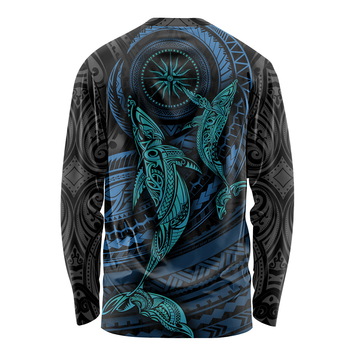 Black long-sleeve shirt with teal and cyan Polynesian whale graphic back