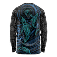 Black long-sleeve shirt with teal and cyan Polynesian whale graphic back
