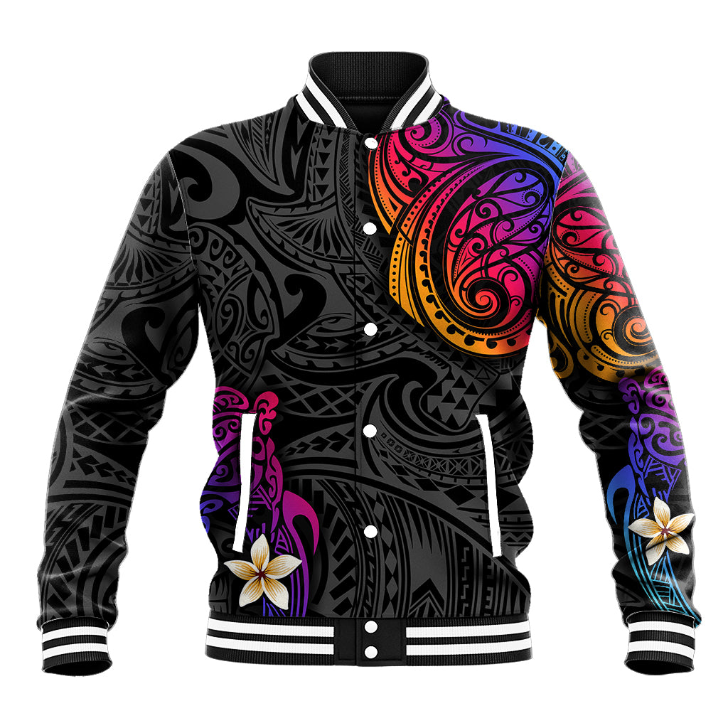 Unisex black baseball jacket with colorful turtle and flower graphics, ribbed cuffs