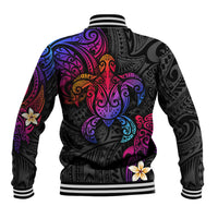 Unisex black baseball jacket with Polynesian turtle artwork and floral accents, striped collar