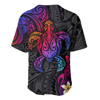 Polynesian baseball jersey, dark tribal back with bright multicolor swirl and floral accent
