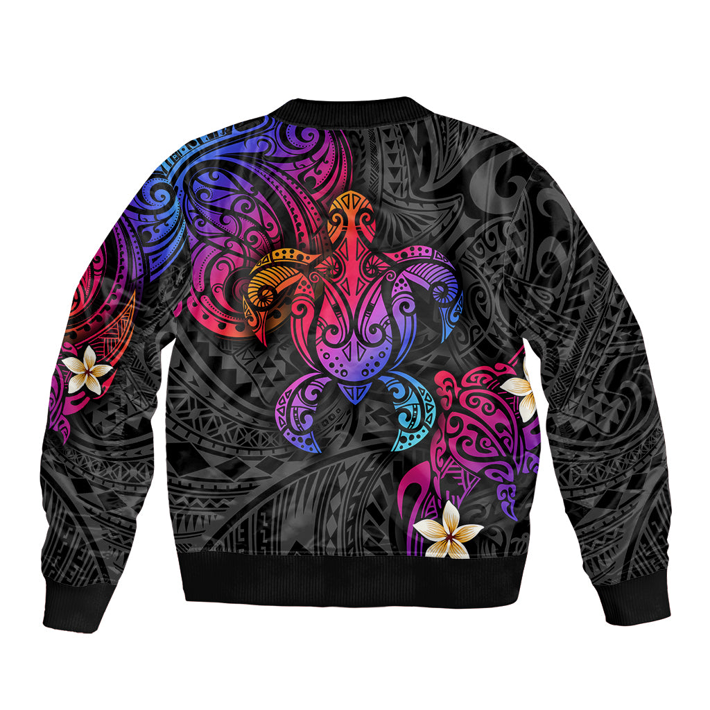 Unisex bomber jacket back, black with vibrant turtle and plumeria artwork, ribbed cuffs