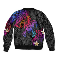 Unisex bomber jacket back, black with vibrant turtle and plumeria artwork, ribbed cuffs