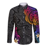 Polynesian long-sleeve button shirt with turtle and plumeria floral in dark gradient