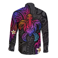 Polynesian long-sleeve button shirt back with turtle graphic and plumeria flowers, dark gradient