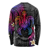 Unisex long-sleeve Polynesian shirt, black with colorful turtle crest, tribal swirls and plumerias