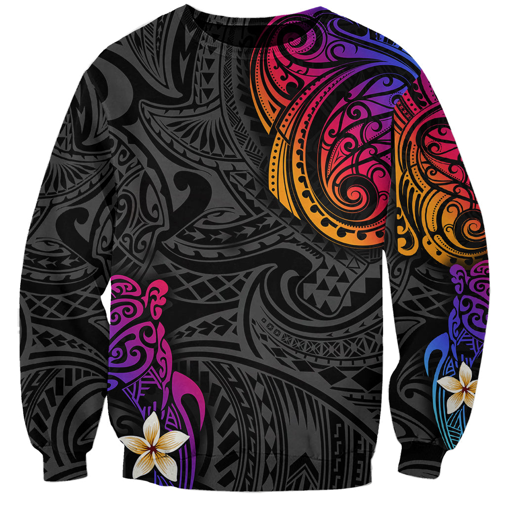 Unisex pullover sweatshirt in black with colorful Polynesian-style tribal gradient print
