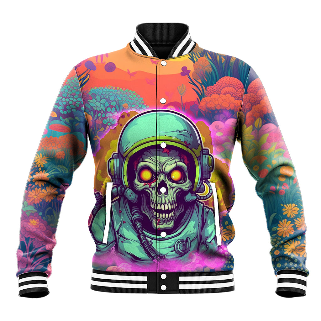Multicolor zip-front baseball jacket with large skull graphic, striped ribbed collar and hem
