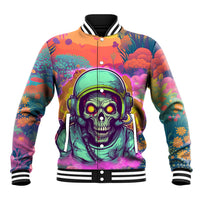 Multicolor zip-front baseball jacket with large skull graphic, striped ribbed collar and hem