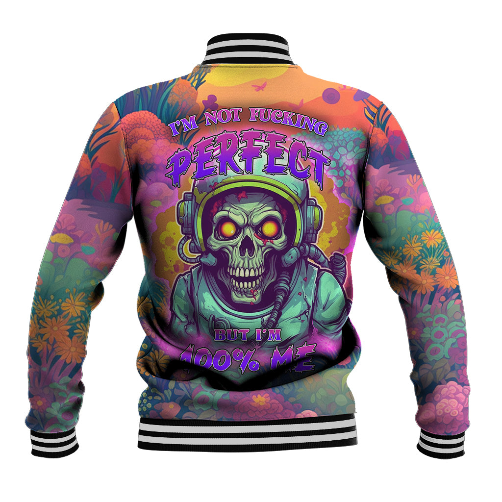 Multicolor graphic baseball jacket with skull artwork, striped ribbed collar and cuffs