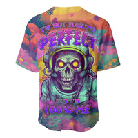 Multicolor baseball jersey with skull wearing headphones graphic, V-neck button front