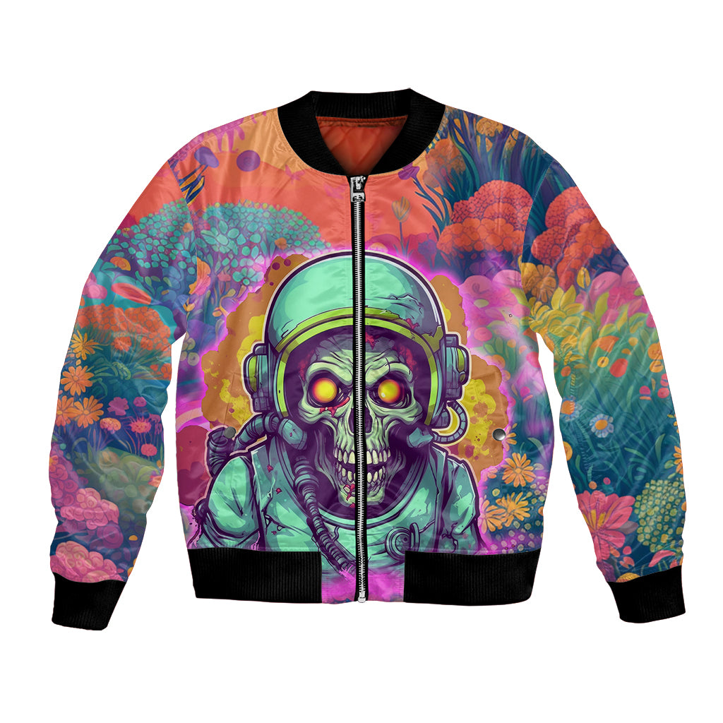Multicolor bomber jacket with front zipper, ribbed hem, and large skull headphones graphic