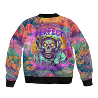 Multicolor bomber jacket with ribbed cuffs and bold back skull-and-quote graphic