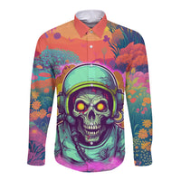 Unisex long sleeve button shirt, front skull with headphones graphic, multicolor