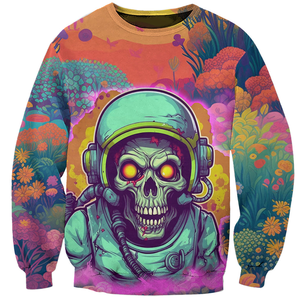 Multicolor crewneck sweatshirt featuring green astronaut skull with headphones print