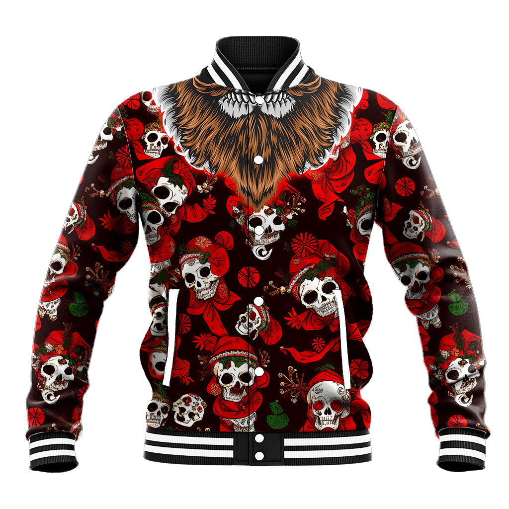 Red baseball jacket with skull-and-crown chest graphic, button front, ribbed cuffs.