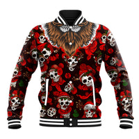 Red baseball jacket with skull-and-crown chest graphic, button front, ribbed cuffs.