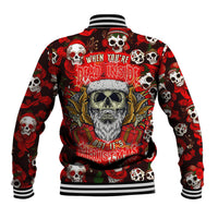 Red baseball jacket with skull graphic, striped ribbed collar and cuffs.