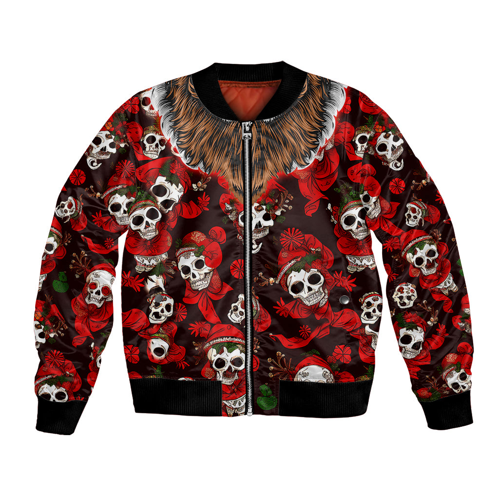 Unisex red bomber jacket with skull prints, front zipper, faux-fur collar trim