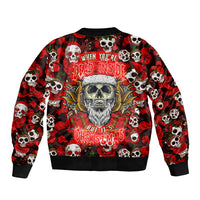 Unisex red bomber jacket with skulls and Christmas graphic, ribbed collar