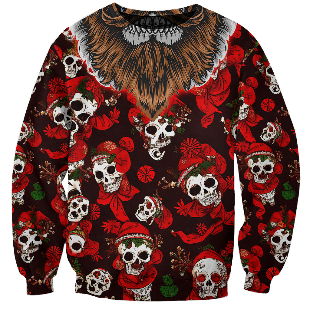 Red unisex crewneck sweatshirt with repeating skulls, candy-cane and peppermint pattern