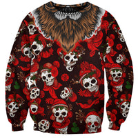 Red unisex crewneck sweatshirt with repeating skulls, candy-cane and peppermint pattern