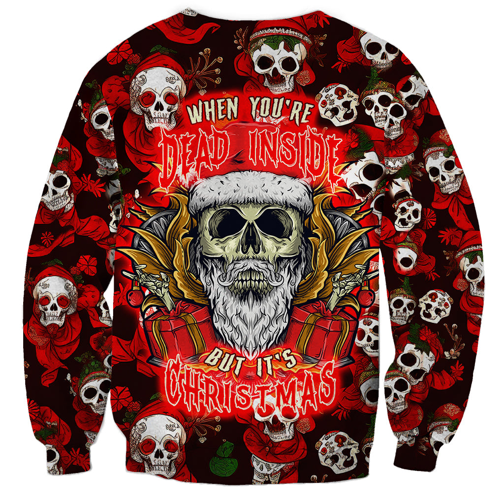 Red unisex crewneck sweatshirt with skulls and bold gothic holiday text graphic