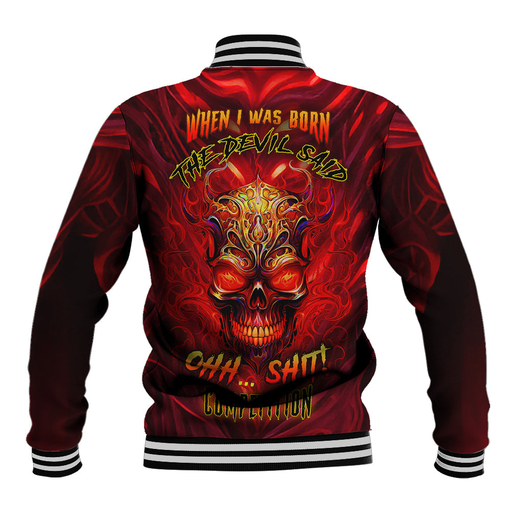 Unisex devil-themed baseball jacket with red flame skull graphic, striped collar cuffs