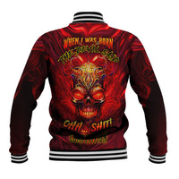 Unisex devil-themed baseball jacket with red flame skull graphic, striped collar cuffs