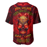 Red baseball jersey, back view, skull graphic with yellow text, V-neck button placket