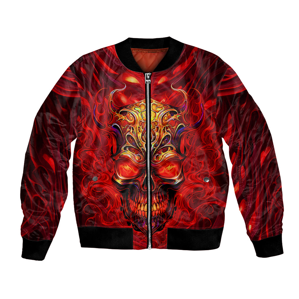 Unisex bomber jacket with front zip, red flame skull graphic, ribbed collar and cuffs