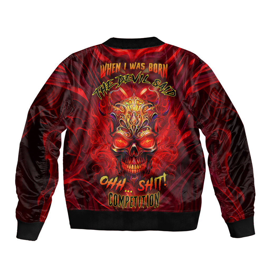 Unisex bomber jacket with red flame skull graphic, ribbed collar and cuffs