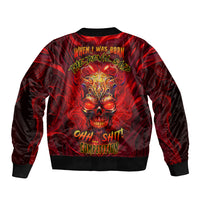 Unisex bomber jacket with red flame skull graphic, ribbed collar and cuffs