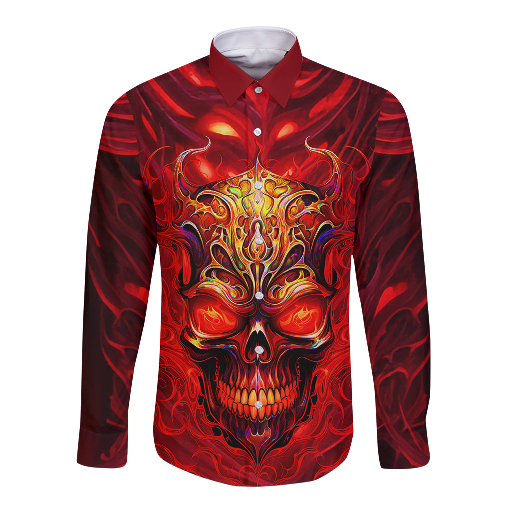 Dark red long-sleeve button shirt with fiery skull front print and flame details