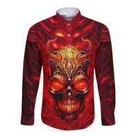 Dark red long-sleeve button shirt with fiery skull front print and flame details