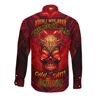 Dark red long-sleeve button shirt with fiery skull back print and flame text