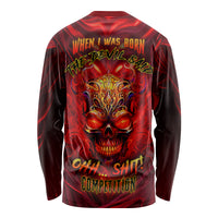 Unisex long sleeve shirt, dark red/black with fiery skull graphic and back text