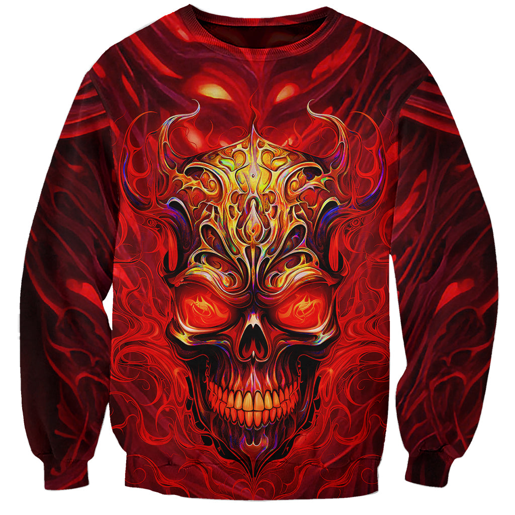 Unisex crewneck sweatshirt with fiery skull graphic, red and black abstract flames