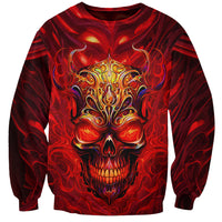 Unisex crewneck sweatshirt with fiery skull graphic, red and black abstract flames