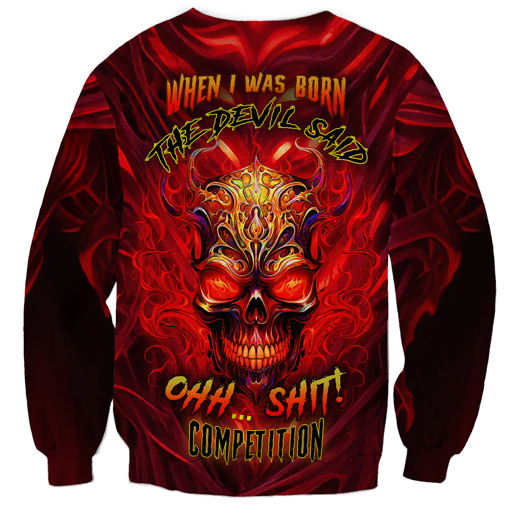 Unisex crewneck sweatshirt with fiery skull graphic and bold lettering, red and black