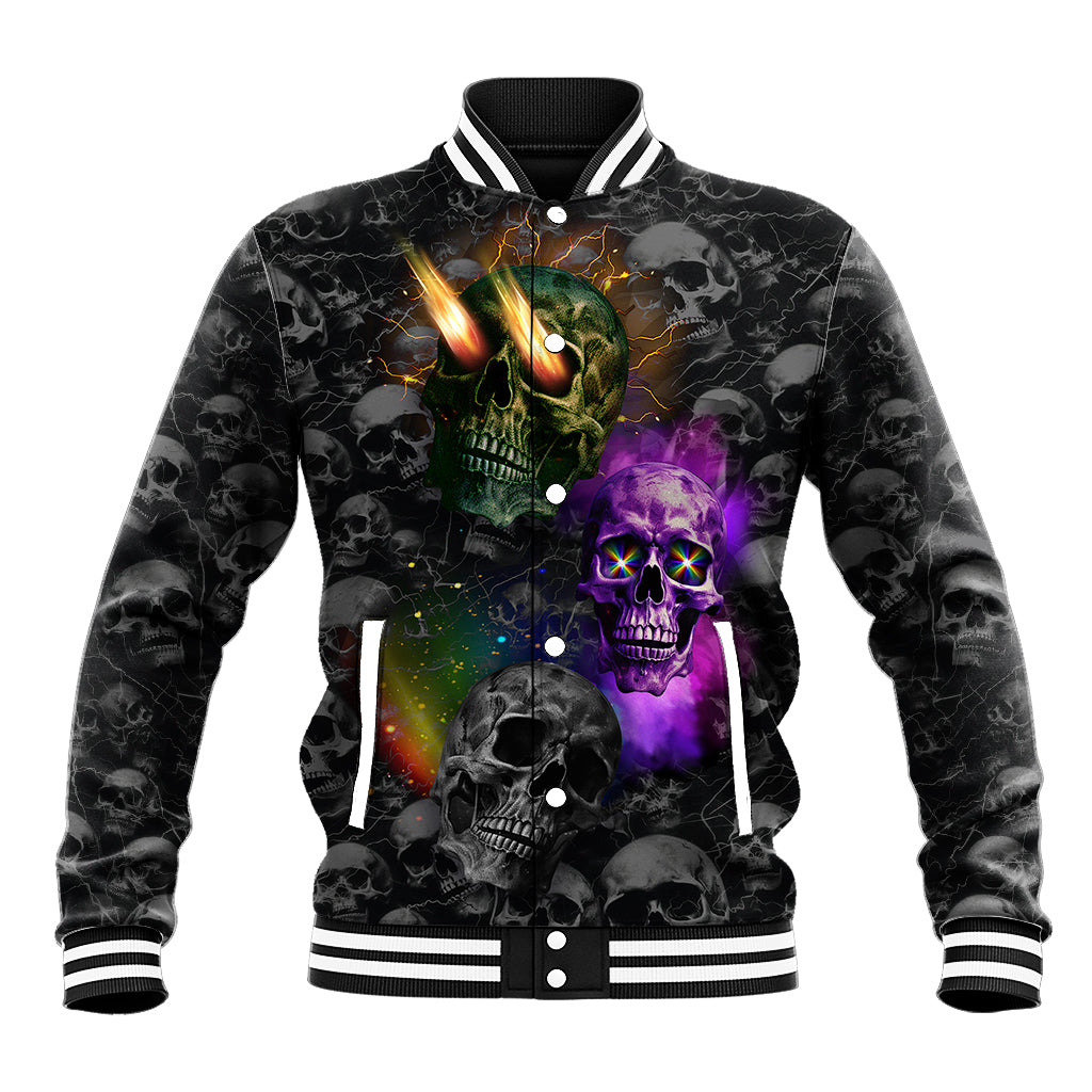 Unisex black baseball jacket, full-front skull graphics, snap buttons, striped cuffs