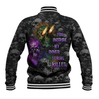 Unisex black baseball jacket with ribbed striped collar and multicolor skull artwork