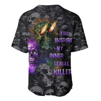Black baseball jersey with skull and flame graphic, purple and green accents